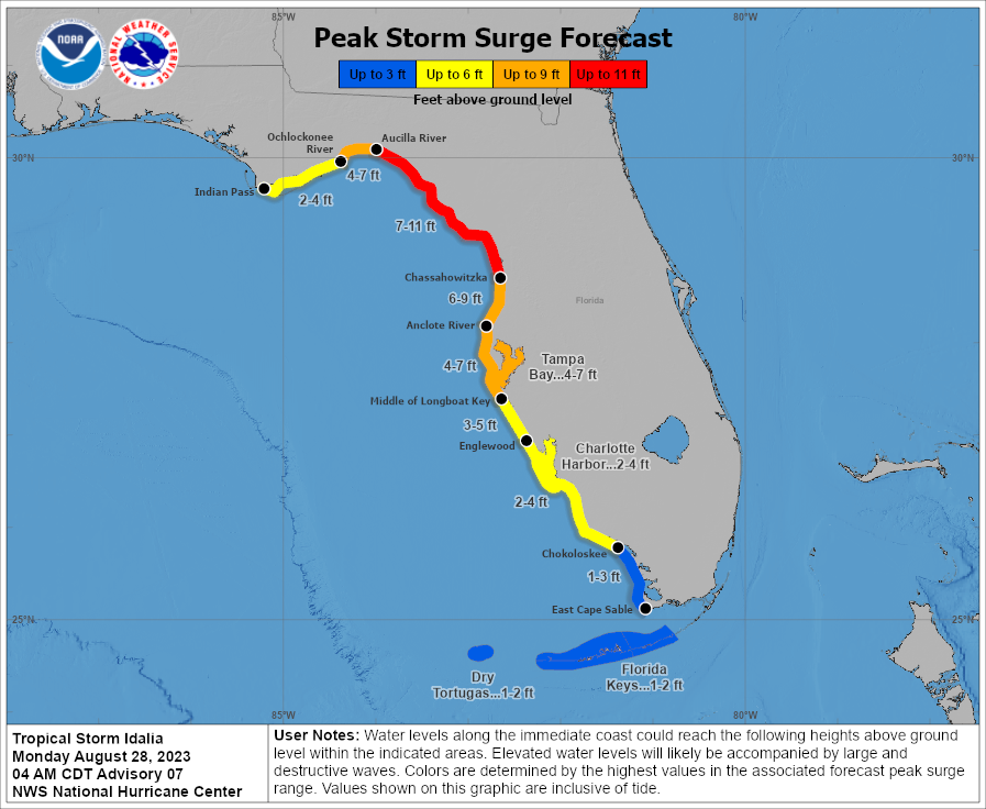 Map from National Hurricane Centre shows forecast for peak storm surge from tropical storm Idalia (National Hurricane Center)
