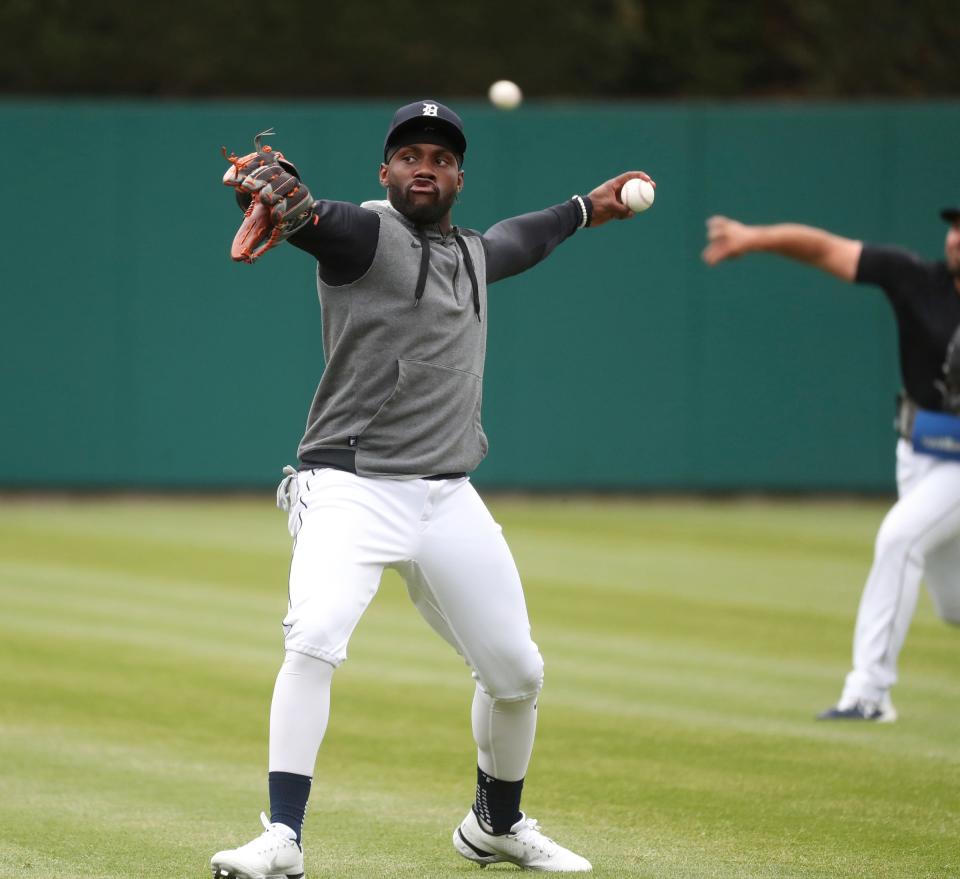 Tigers left fielder Akil Baddoo warms up during practice April 7, 2022 at Comerica Park.