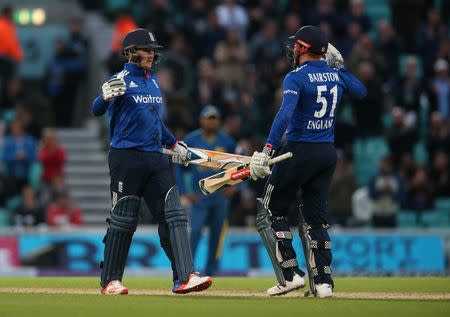 Britain Cricket - England v Sri Lanka - Fourth One Day International - Kia Oval - 29/6/16 England's Jason Roy (L) celebrates his 150 with team mate Jonny Bairstow (R) Action Images via Reuters / Matthew Childs Livepic EDITORIAL USE ONLY.