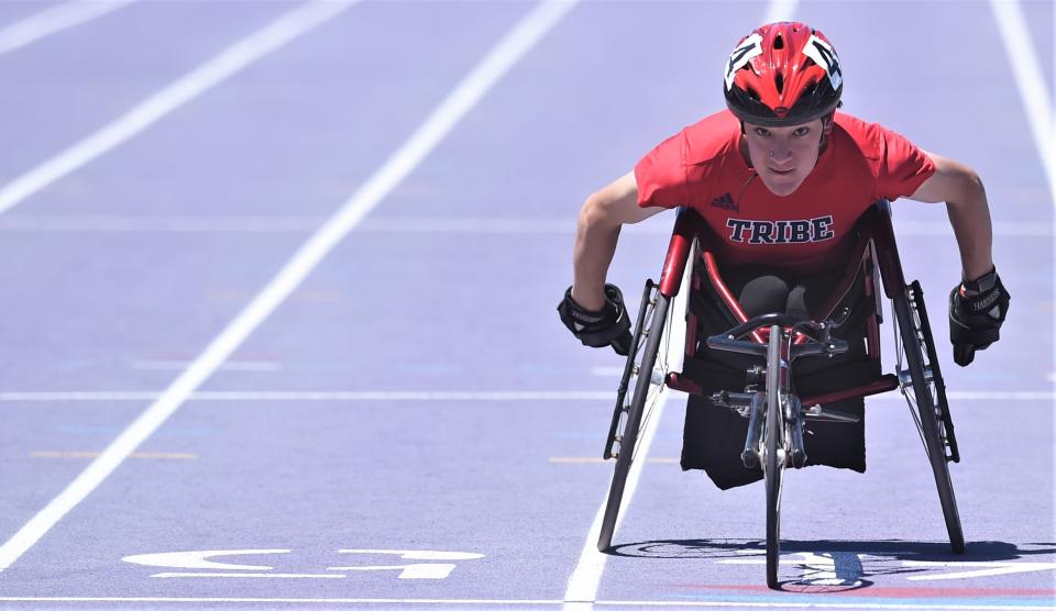 Jim Ned's Austin Beards nears the finish line in the 100-meter wheelchair race at the Region I-3A meet April 29 at ACU's Elmer Gray Stadium. He won both the 100 and 400 wheelchair events.