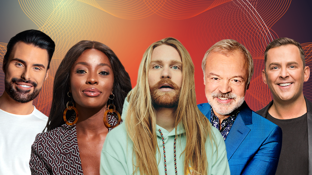 Eurovision 2022 - L-R: Rylan, AJ Odudu, Sam Ryder, Graham Norton, Scott Mills. (BBC)