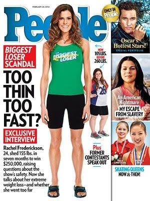 The cover of People Magazine with the winner of "The Biggest Loser" on the cover along with the headline: "TOO THIN TOO FAST?"