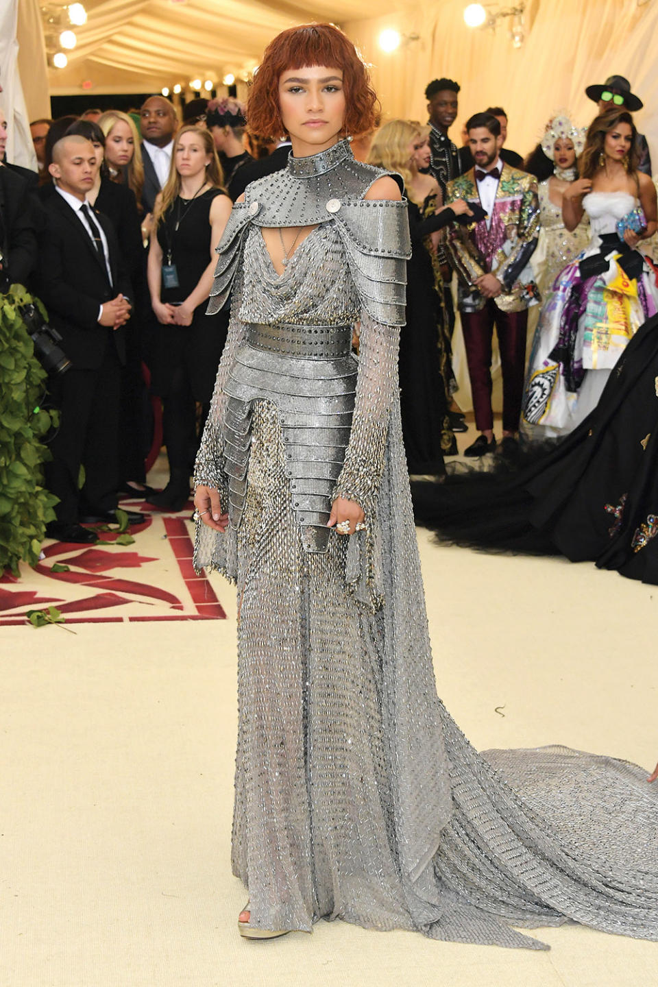 For the Heavenly Bodies-themed evening in 2018, the influencer says Zendaya — wearing an Atelier Versace chain mail gown — channeled the patron saint of France, Joan of Arc, whose wearing of men’s clothing got her executed in 15th century France.