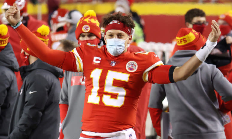 Patrick Mahomes on the field in the AFC Championship Game.