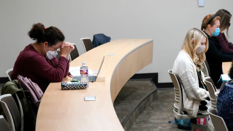 Students pray at the opening of a women's ministry class at the Southwestern Baptist Theological Seminary in Fort Worth, Texas in 2021. - LM Otero/AP