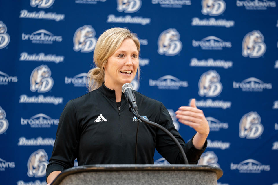 Drake women's basketball coach Allison Pohlman speaks to reporters during the Bulldogs' media day Monday in Des Moines. Drake was 20-14 in Pohlman's first season as head coach.