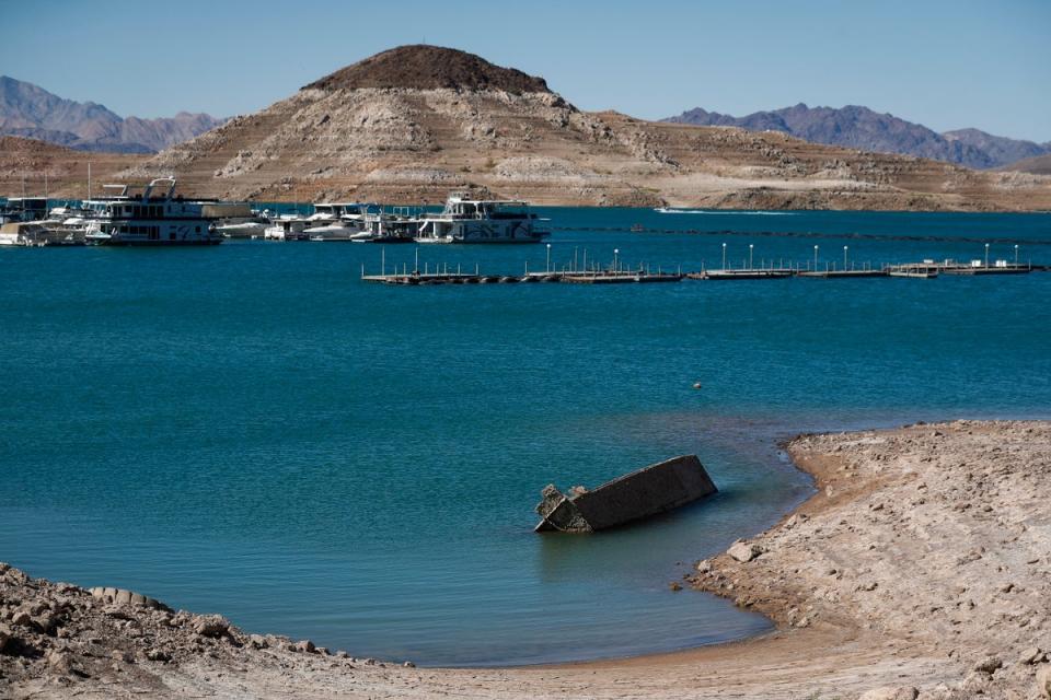 The landing craft, as seen from the receding shoreline of Lake Mead (EPA)