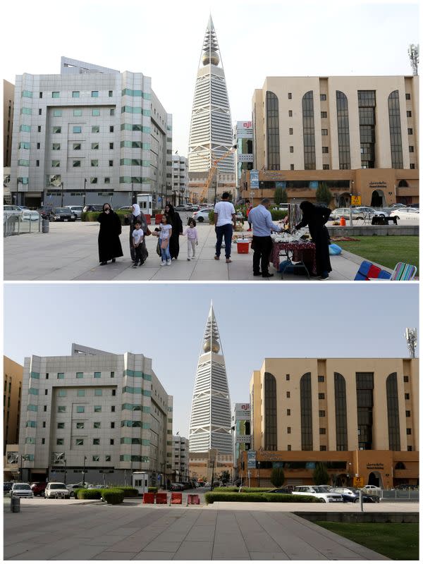 A combination picture shows visitors walking near the King Fahd Library in Riyadh, (top) and a general view of the empty garden of the King Fahd Library (bottom) following the outbreak of coronavirus disease (COVID-19), in Riyadh