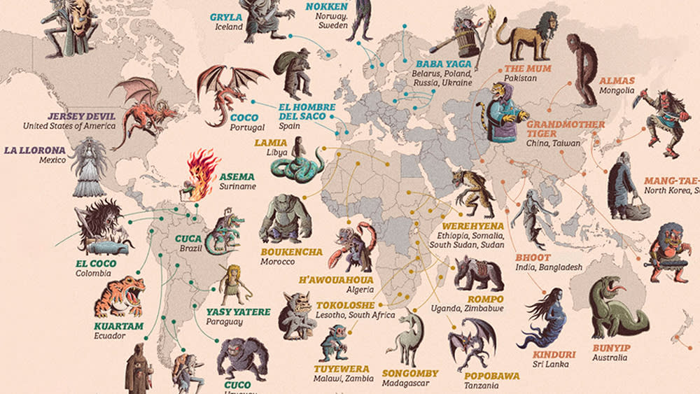  A map featuring bogeymen monsters from different countries around the world. 