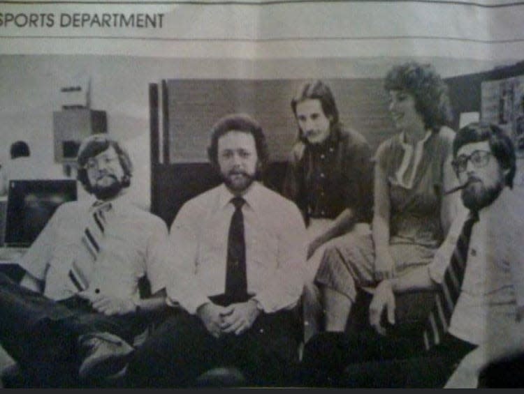 A photo of The Ledger sports staff in 1979. From left are Dick Schneider, Mike Cobb, Patrick Zier, Diane Lacey Allen and John Valerino.
