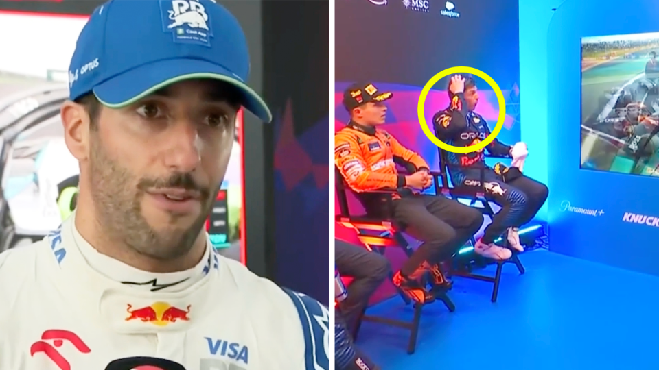 Daniel Ricciardo (pictured) was fuming at Lance Stroll in an interview after the Chinese GP as race winner Max Verstappen reacted with shock to a replay of their collision. (Images: Fox Sports)