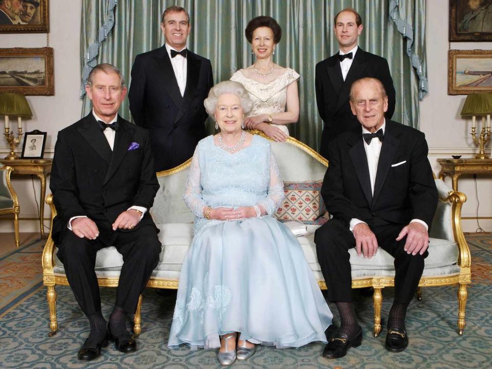 Queen Elizabeth II (Centre Foreground) and Prince Philip (Right Foreground) are joined at Clarence House in London by Prince Charles, (Left Foreground) Prince Edward, (Right Background) Princess Anne (Centre Background) and Prince Andrew (Left Background) on the occasion of a dinner hosted by HRH The Prince of Wales and HRH The Duchess of Cornwall to mark the forthcoming Diamond Wedding Anniversary of The Queen and The Duke, 18 November 2007
