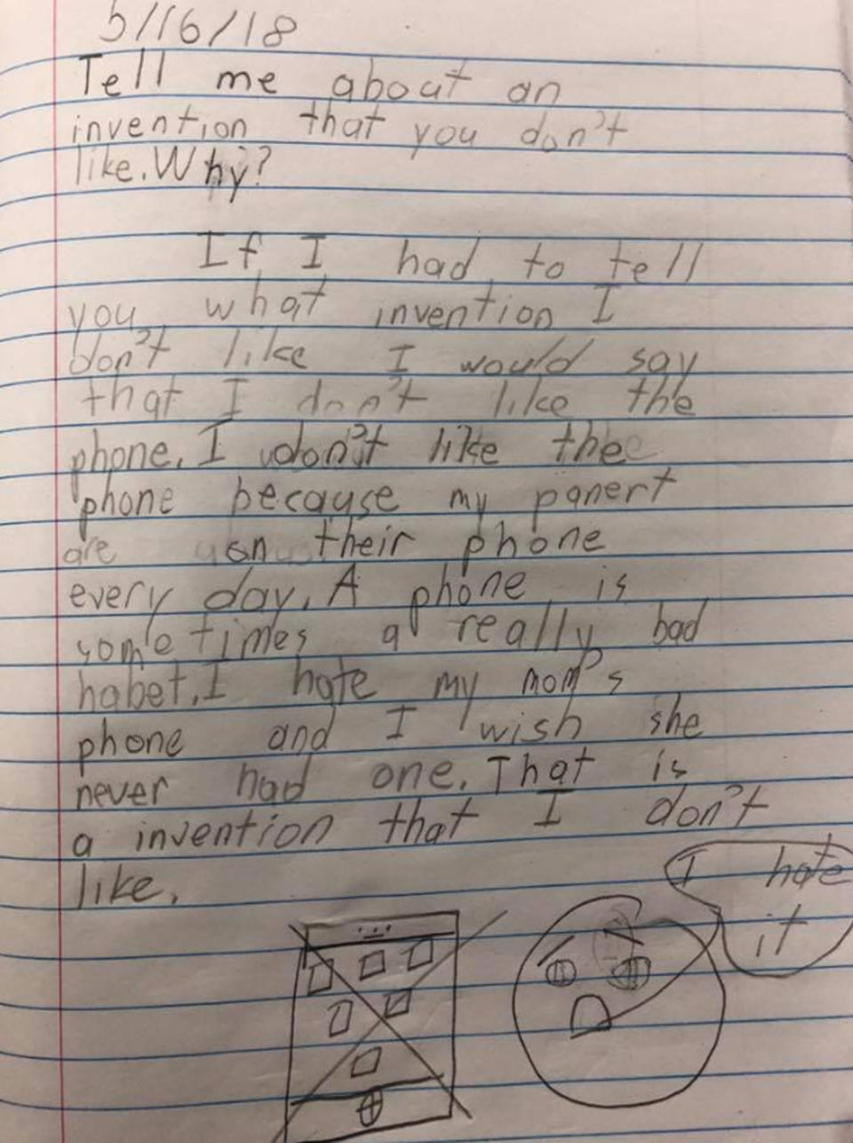 A student has written a letter about why they hate their mum’s phone. Photo: Facebook/ Jen Adams Beason