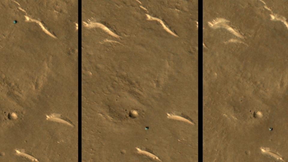 Three aerial images of mars, showing a blue dot that is the Chinese rover. In the first image, the dot is in the top of the photo. In the next two, it is in the bottom middle.