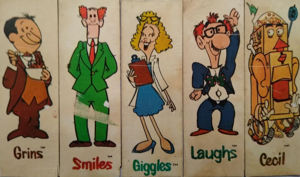 They are scuffed and discolored, but this complete set of magnets from Grins & Smiles & Giggles & Laughs has remained intact since the mid-1970s.