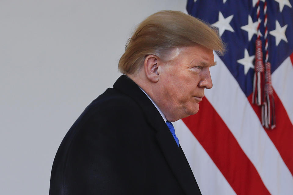 President Donald Trump walks out to begin speaking at an event in the Rose Garden at the White House to declare a national emergency in order to build a wall along the southern border, Friday, Feb. 15, 2019 in Washington. (AP Photo/Pablo Martinez Monsivais)