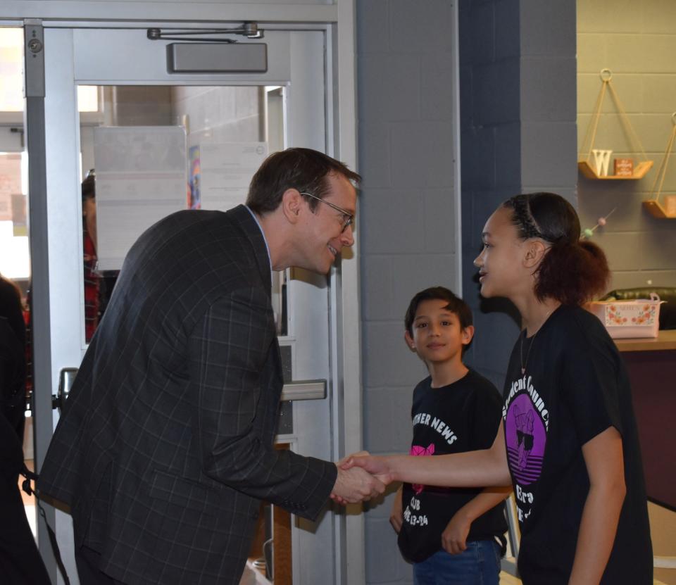 Texas Education Commissioner Mike Morath meets students at Southern Hills Elementary School during his visit there Tuesday, Feb. 20, 2024.