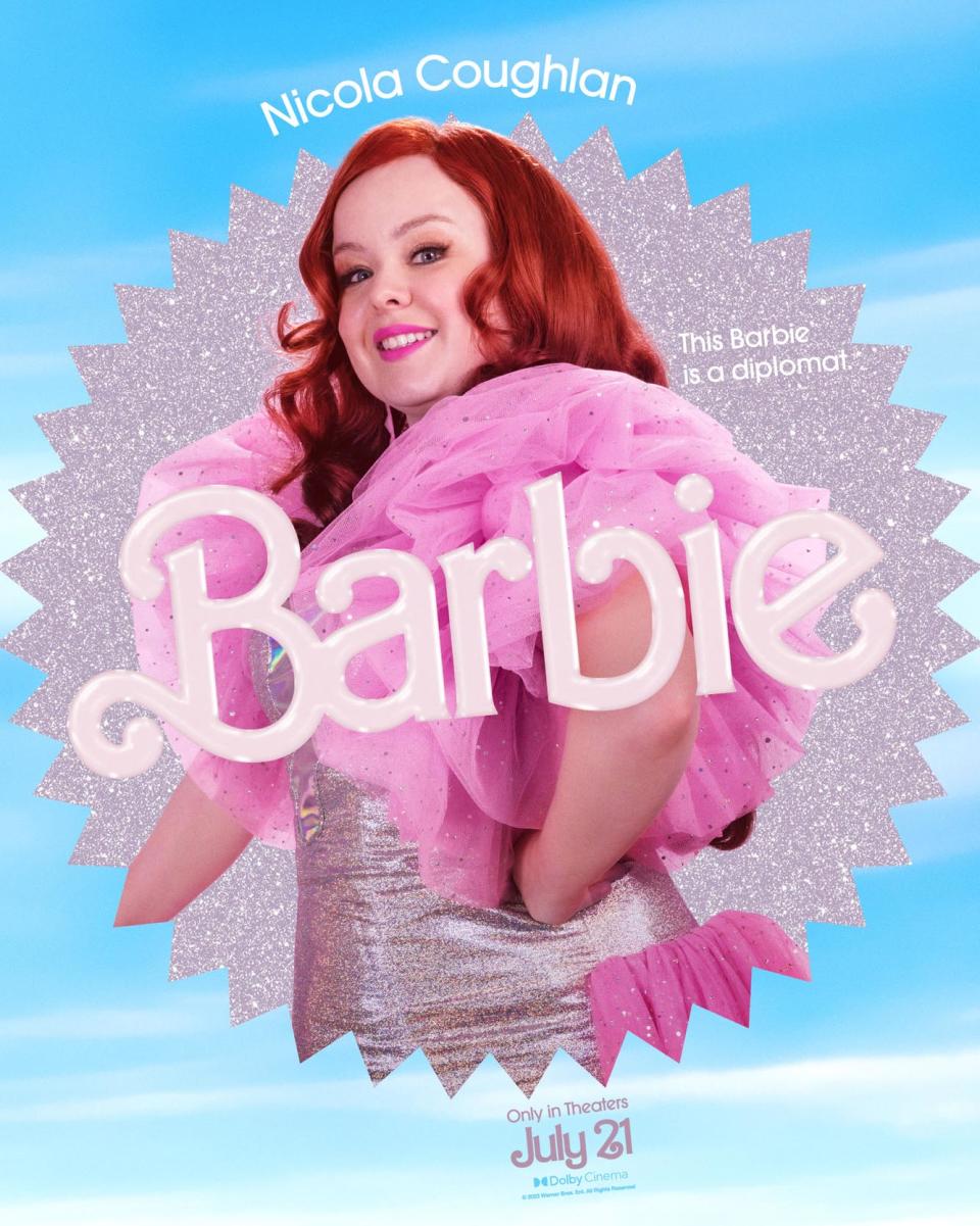 <p>In Nicola Coughlan's character poster, the <em>Bridgerton</em> actress wears a sparkly pink dress as "Diplomat Barbie." </p>