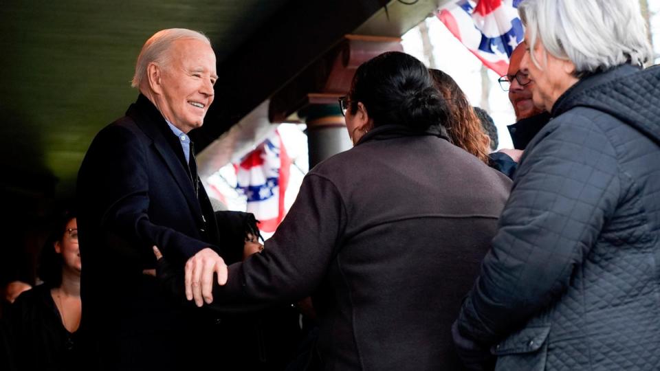 PHOTO: President Joe Biden talks with supporters during a campaign event in Saginaw, Mich., on March 14, 2024.  (Jacquelyn Martin/AP)