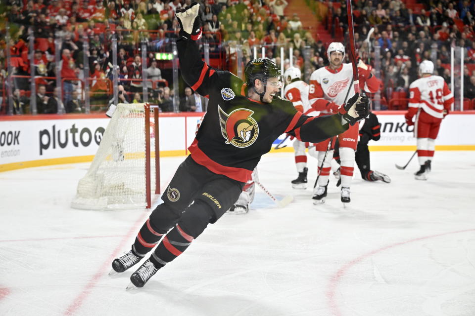 Ottawa Senators Drake Batherson celebrates during the NHL Global Series Sweden ice hockey match between Detroit Red Wings and Ottawa Senators at Avicii Arena in Stockholm, Sweden, Thursday, Nov. 16, 2023. (Henrik Montgomery/TT News Agency via AP)