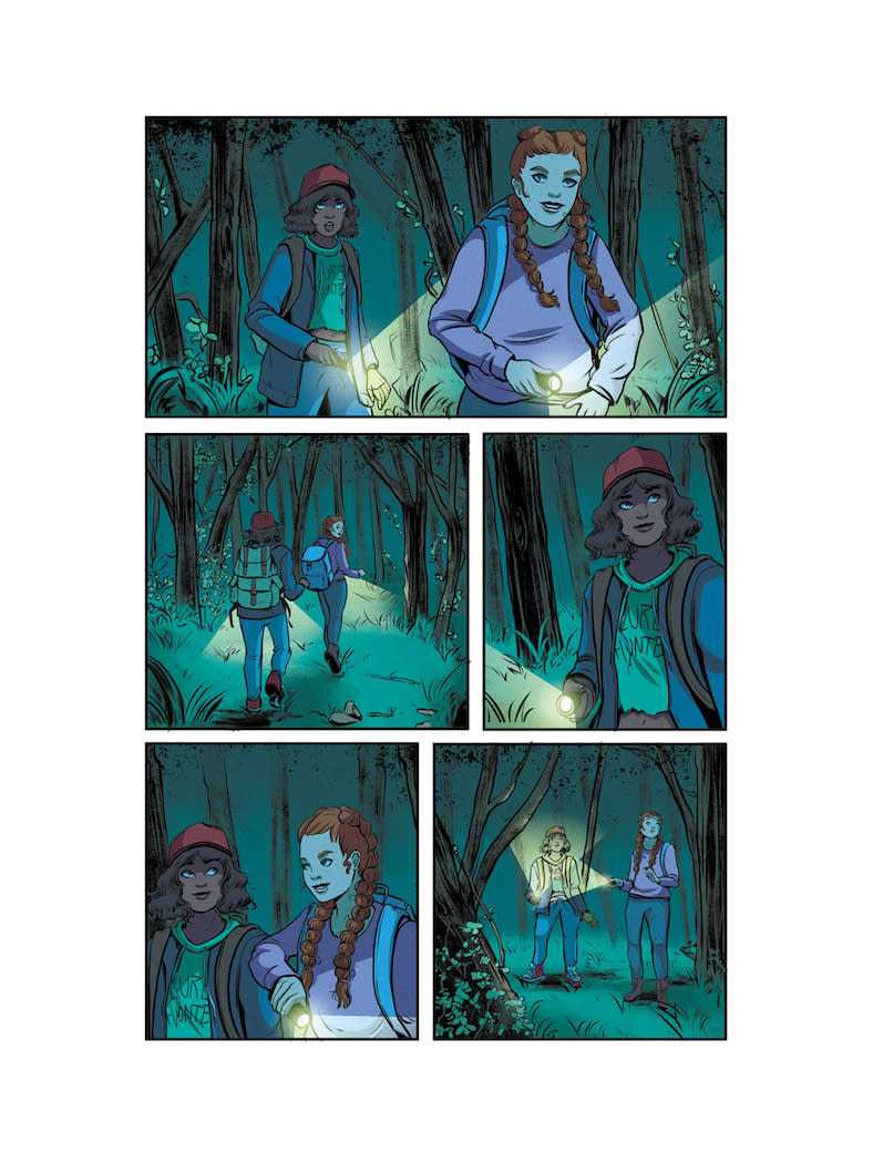 A colored page from Goosebumps: secrets of the swamp shows two kids exploring a swamp