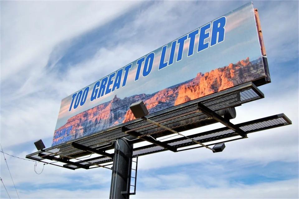 This anti-litter billboard adjacent to County Road 350 on Crouch Mesa was paid for by a Recycling and Illegal Dumping Fund grant from the New Mexico Environment Department.