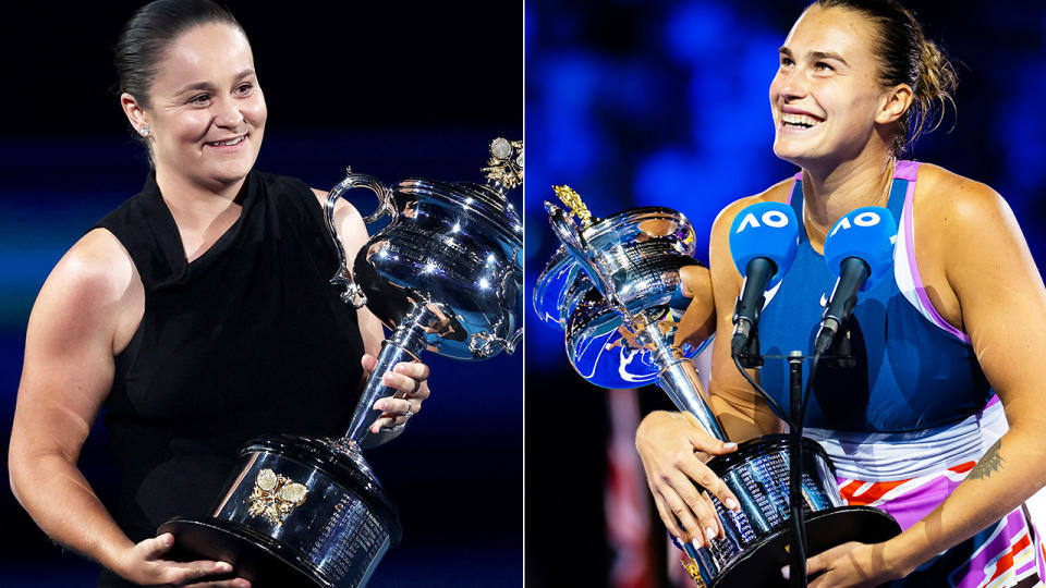 Ash Barty and Aryna Sabalenka are pictured in side by side images, each holding the Australian Open trophy.