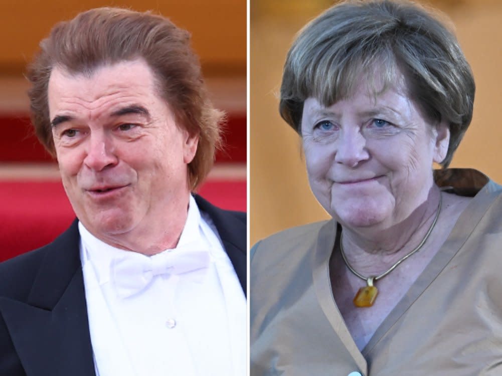 Angela Merkel und Campino wurden bei ihrem Eintreffen auf der Treppe vor dem Berliner Schloss Bellevue abgelichtet. (Bild: Getty Images/Sebastian Reuter/Samir Hussein/WireImage/Getty Images)