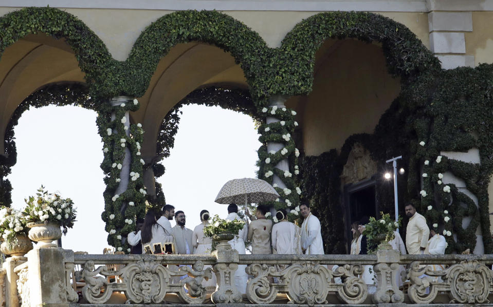 Guests attend the wedding of Indian Bollywood stars Deepika Padukone and Ranveer Singh at the Villa Balbianello in Lenno, Como lake, northern Italy, Wednesday, Nov. 14, 2018. Wednesday’s nuptials at Villa Balbianello, a lakeside mansion featured in Star Wars and James Bond films, came on the fifth anniversary of the release of their first movie together. (AP Photo/Luca Bruno)