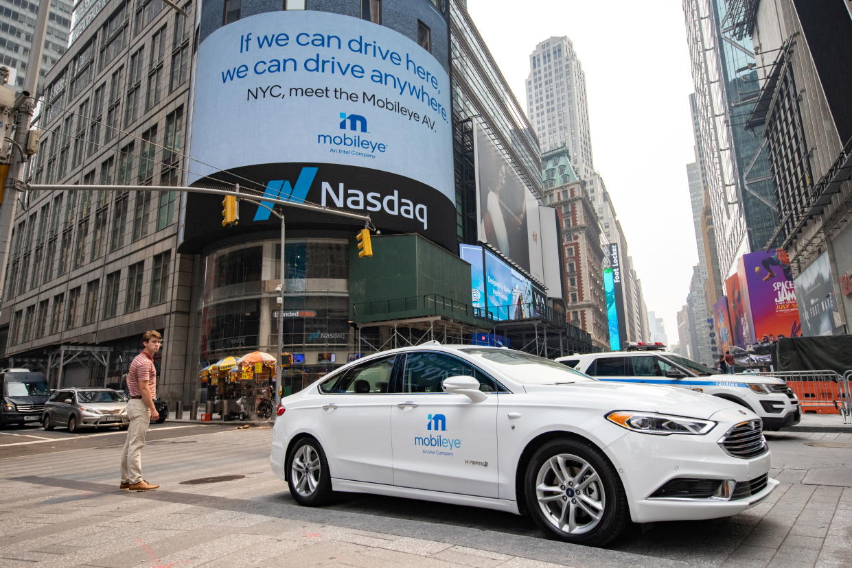 Mobileye driverless car is seen at the Nasdaq Market site in New York, U.S., July 20, 2021. REUTERS/Jeenah Moon