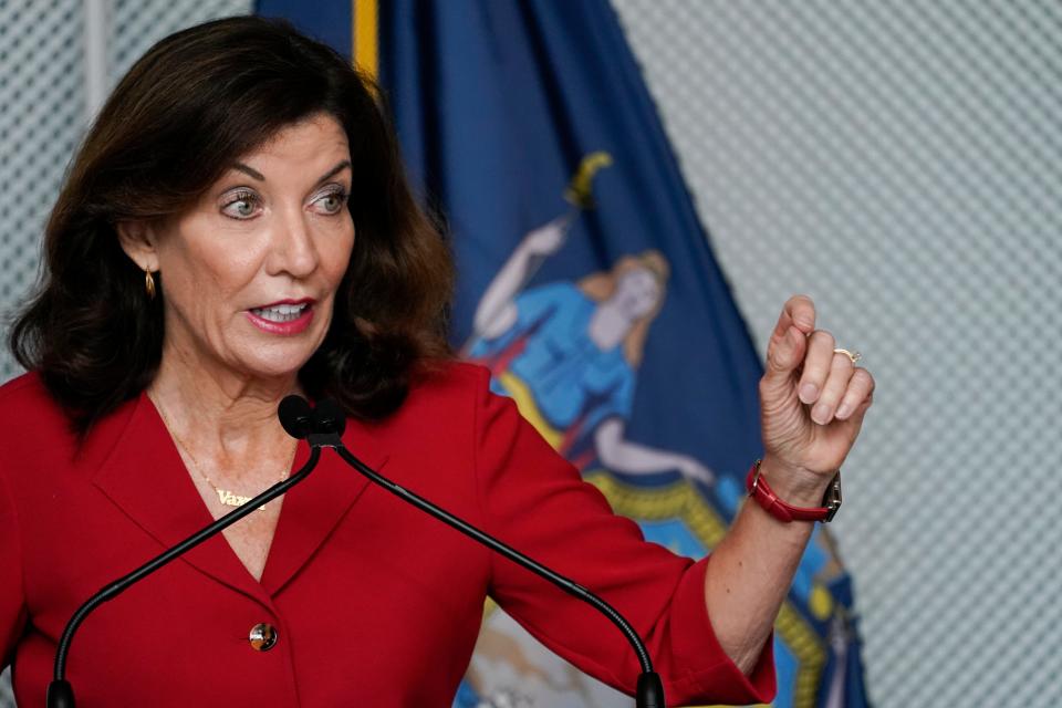 New York governor Kathy Hochul speaks during a ceremony to sign a package of bills to combat the opioid crisis, Thursday, Oct. 7, 2021, in New York.
