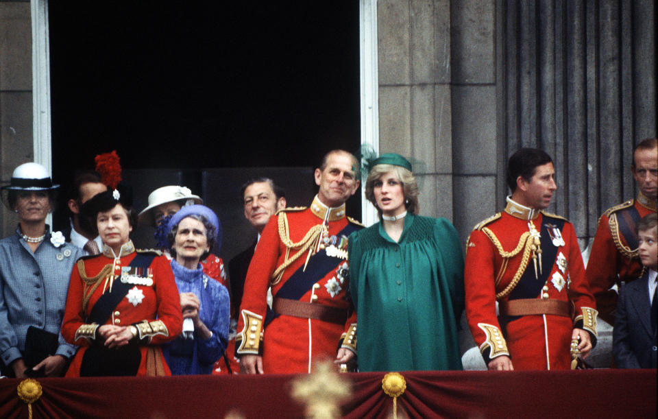 A pregnant Princess Diana joins the royal family on the balcony of Buckingham Palace for the Trooping of the Colour ceremony, June 1982. The Queen, Prince Philip, Princess Alexandra of Kent and Angus Ogilvy are among the group. (Photo by Terry Fincher/Princess Diana Archive/Getty Images)