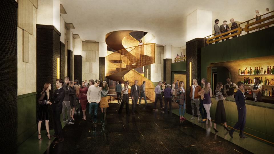 The redone State Theatre, as seen in this rendering, will offer four bars, including one on the roof, and interiors inspired by the Art Deco movement, including a four-story spiral staircase.