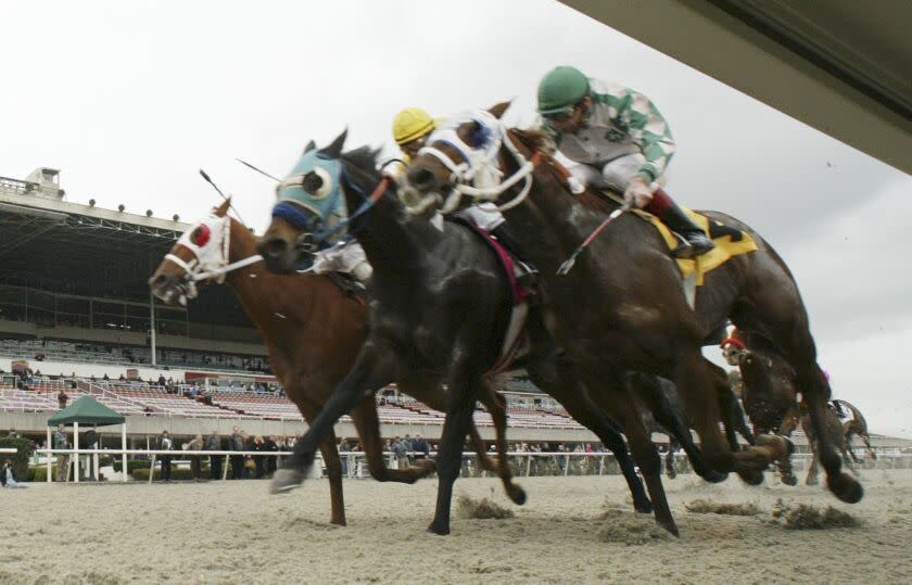 FILE - Hall of Fame jockey Russell Baze, right, riding Two Step Cat crosses the finish line to win his 10,000th race at Golden Gate Fields in Albany, Calif., Jan. 1, 2008. Golden Gate Fields will permanently close after its final racing date later in 2023 at the San Francisco Bay area horse track. The track's owner, The Stronach Group, said Sunday, July 16, 2023, that it will "double down" on its racing at Santa Anita and training at San Luis Rey Downs in Southern California. (AP Photo/Eric Risberg, File)