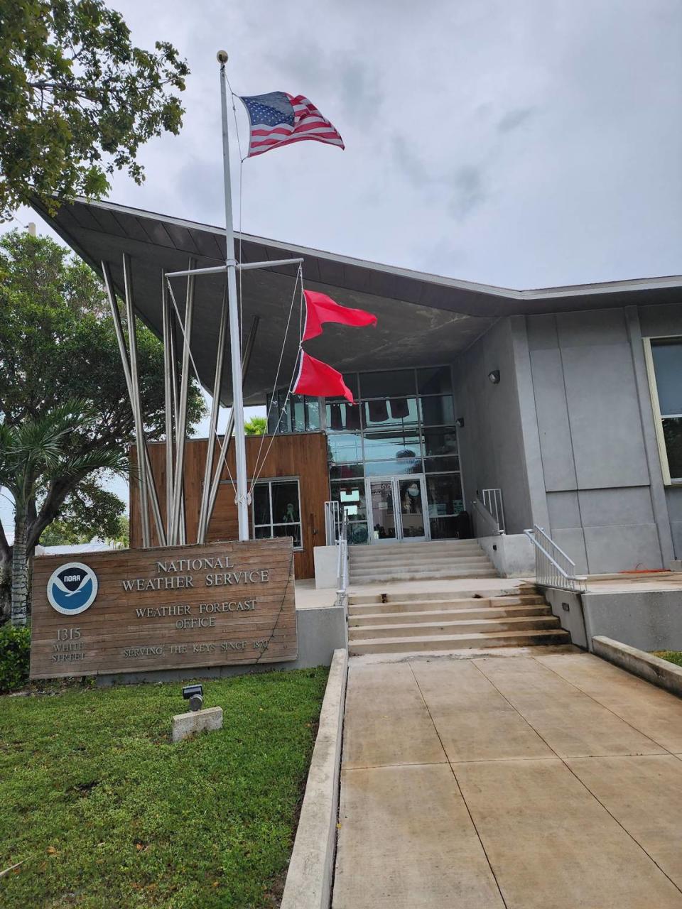 The National Weather Service in Key West flew double red pendants on Thursday, Dec. 14, 2023, because a gale warning was in effect through Friday morning.