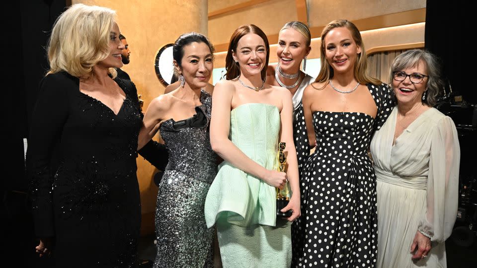 From left, Jessica Lange, Michelle Yeoh, Emma Stone, Charlize Theron, Jennifer Lawrence, Sally Field gather backstage at the Academy Awards on March 10, 2024 in Hollywood, California. - Richard Harbaugh/A.M.P.A.S./Getty Images