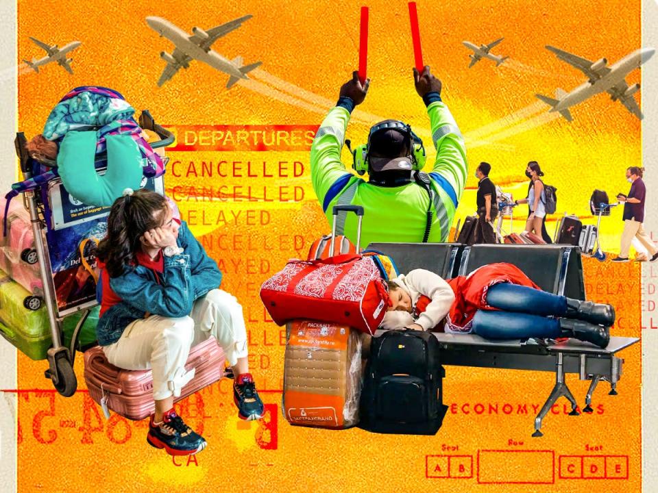 Summer will be a travel nightmare collage, showing flight delays, cancellations, and travelers  waiting in airport