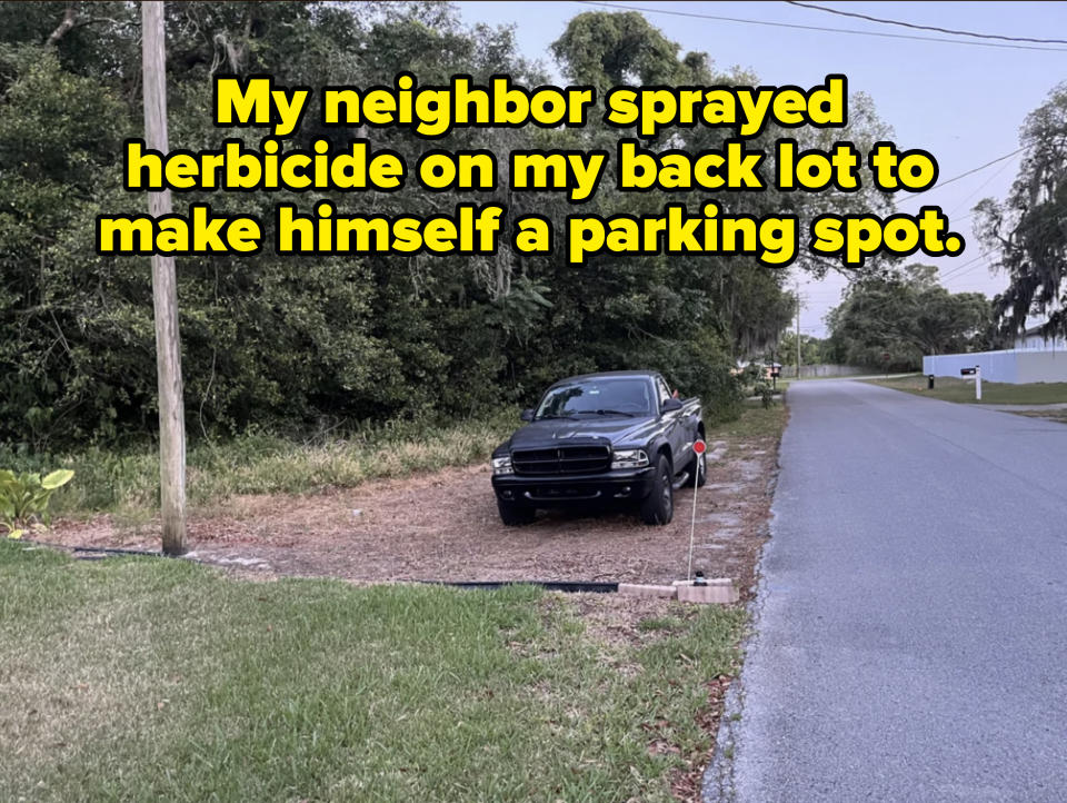 A black pickup truck is parked on a grassy area near a road with dense trees in the background. There are no people in the image