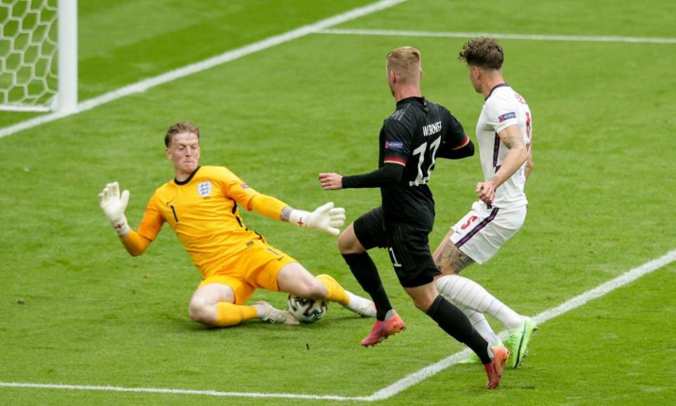 Jordan Pickford of England saves the shot by Timo Werner of Germany