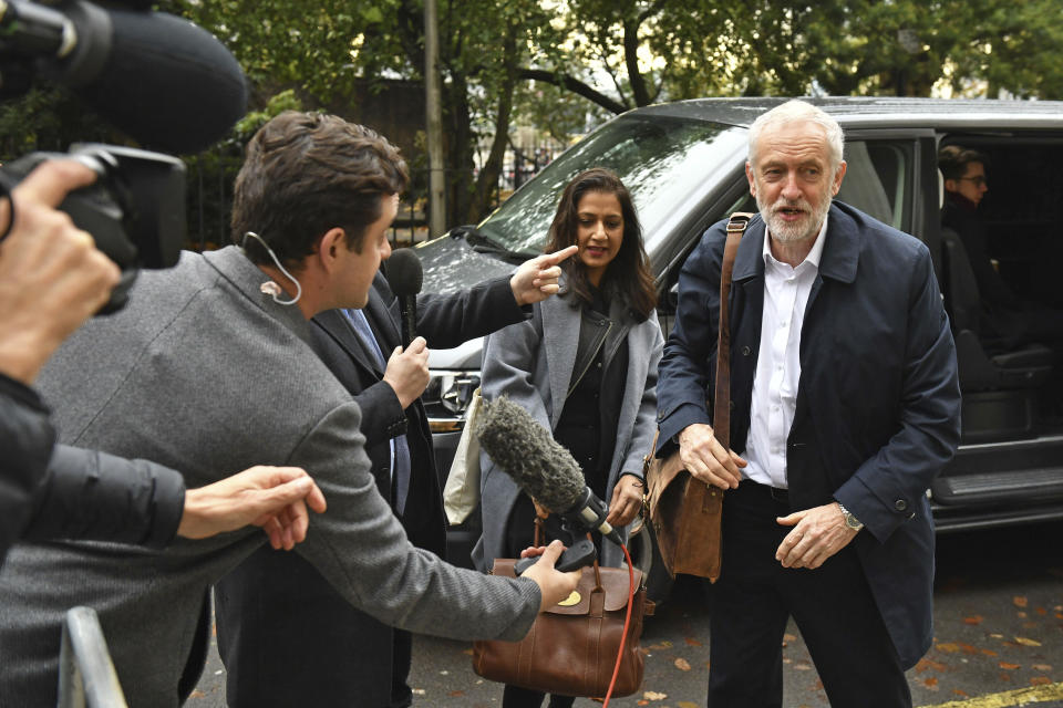 Britain's main opposition Labour Party leader Jeremy Corbyn arrives for a meeting to finalise the manifesto details that will form Labour Party policy for the upcoming General Election in London, Saturday Nov. 16, 2019. Britain's Brexit is one of the main issues for voters and political parties as the UK goes to the polls in a General Election on Dec. 12. (Dominc Lipinski/PA via AP)