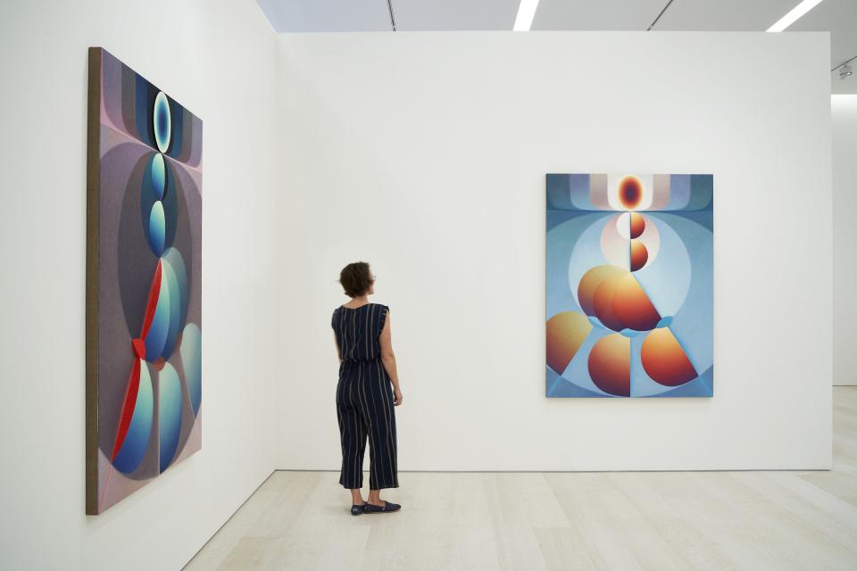 A view inside the gallery. From left: Loie Hollowell, Postpartum Plumb Line, 2019; Hollowell, Parental Plumb Line, 2019.