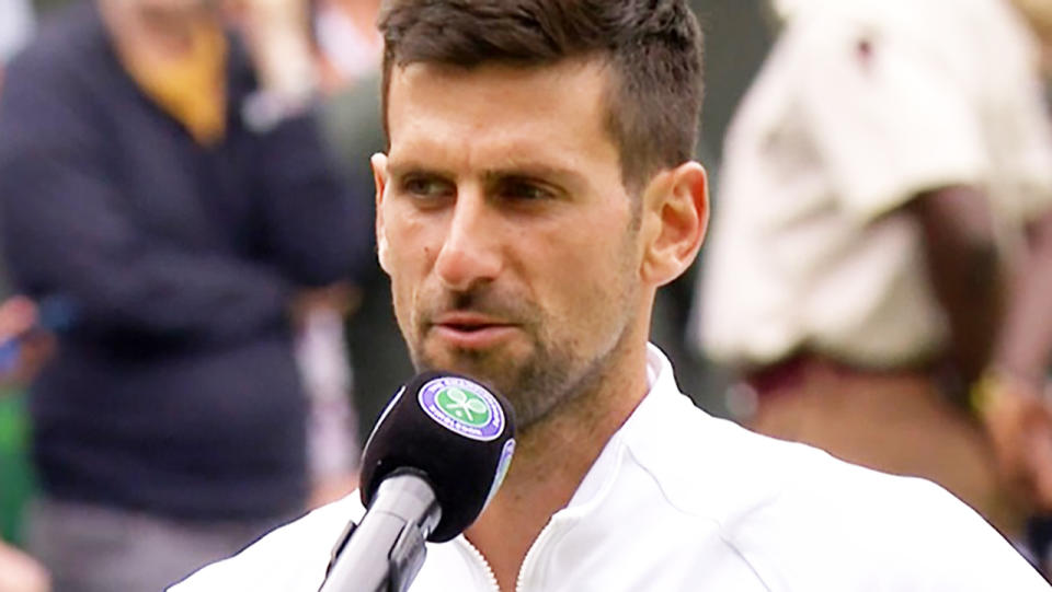 Novak Djokovic, pictured here admitting his bathroom break helped him turn things around against Jannik Sinner.