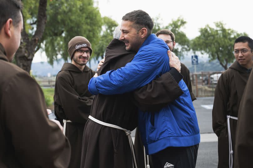 LaBeouf celebrates his Catholic confirmation outside Old Mission Santa Inés Parish in Solvang, Calif., on Sunday, Dec. 31, 2023.