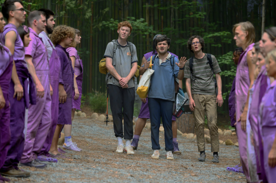 From left to right, Ben Marshall, John Higgins and Martin Herlihy in "Please Don't Destroy: The Treasure of Foggy Mountain." Anne Marie Fox/Peacock/Universal Studios