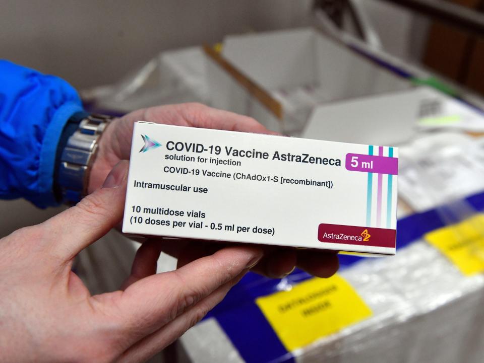 A box of AstraZeneca vaccines is shown at a warehouse of Hungaropharma, a Hungarian pharmaceutical wholesale company, in Budapest, Hungary (EPA)