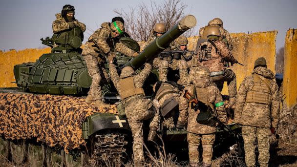 PHOTO: Ukrainian servicemen of the 3rd Separate Tank Iron Brigde take part in an exercise in the Kharkiv area, Ukraine, Thursday, Feb. 23, 2023, the day before the one year mark since the war began. (Vadim Ghirda/AP)