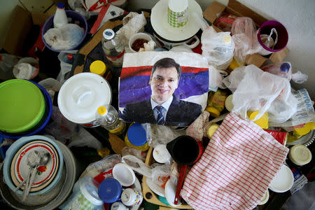 A poster of the Serbian President Aleksandar Vucic is seen inside the room of an internally displaced Bosnian Serb Zorica Tomic at a reception center Kladari Donji where IDPs live, near Modrica, Bosnia and Herzegovina, October 1, 2018. REUTERS/Dado Ruvic