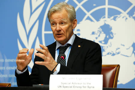 Special Advisor to the United Nations Special Envoy for Syria, Jan Egeland, adresses the media during a news conference in Geneva, Switzerland, April 4, 2018. REUTERS/Pierre Albouy