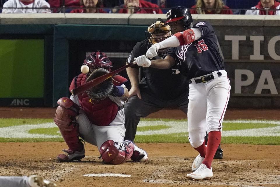 Washington Nationals' Victor Robles hits a home run during the sixth inning of Game 3 of the baseball National League Championship Series against the St. Louis Cardinals Monday, Oct. 14, 2019, in Washington. (AP Photo/Alex Brandon)