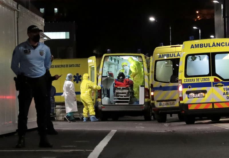 An ambulance carrying a transferred COVID-19 patient from Lisbon arrives at Nelio Mendonca Hospital in Funchal, amid the coronavirus disease (COVID-19) pandemic, in Funchal, on the island of Madeira